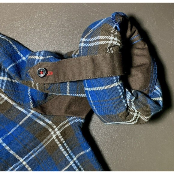 Cavi Mens Flannel Plaid Overshirt Size M Roll Tab Blue Brown Pockets Windowpane - Picture 3 of 12